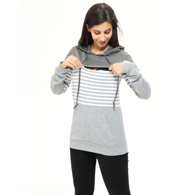 Womens Moederschap Verpleging Top Sweatshirt Lange Mouw Patchwork Rits Pullver Top Kangaroo Pocket Hoodie Zweet voor Zwangere Vrouwen: Grijs / XXL