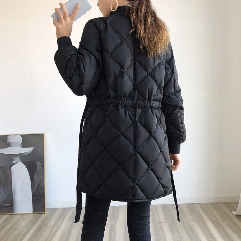 femmes longue doudoune hiver col montant Plaid blanc canard vers le bas manteau femme mince avec Blet Parkas Outwear