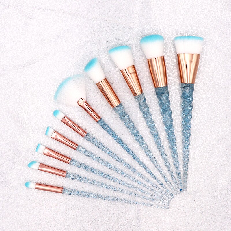 Kit de pinceaux de maquillage licorne bleu, fard à paupières, fond de teint, brosses à lèvres, cristal diamant, 10 pièces