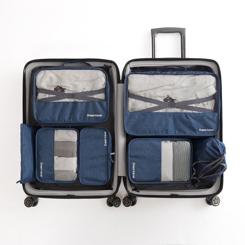 7 teile/satz Reise Organizer Würfel Kompression Beutel Wasserdicht Gittergewebe Langlebig Gepäck Veranstalter Verpackung Würfel Mit Schuh machen-hoch Tasche: Marine Blau