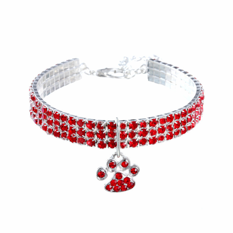 Collier de chien patte strass collier de chat taille de cou réglable 20CM ~ 30CM pour petits chiens moyens chat Chihuahua accessoires de chien: L / Rouge