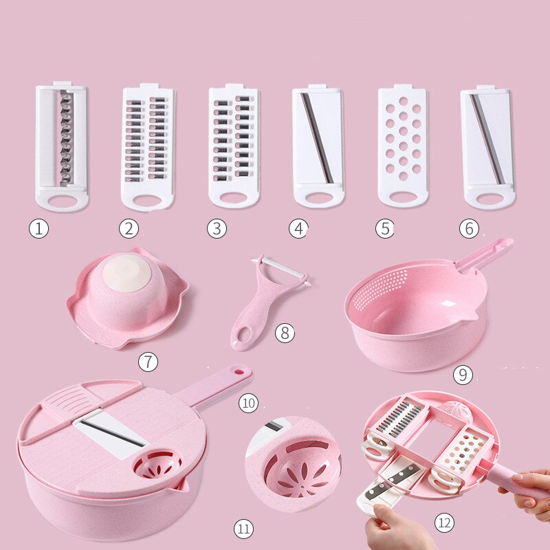 Gemüse Cutter 6 in 1 Multislicer Manuelle Reibe für Gemüse Schäler Heimat Manuelle Gemüse Cutter Gemüse Schneidemaschine Zerhacker: Rosa