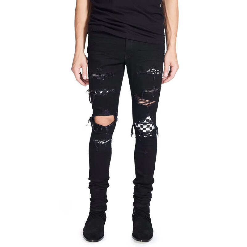 High Street Men's Jeans Black Color Destroyed Hip Hop Jeans Men Broken Punk Pants Patch Skinny Ripped Jeans For Men: 38