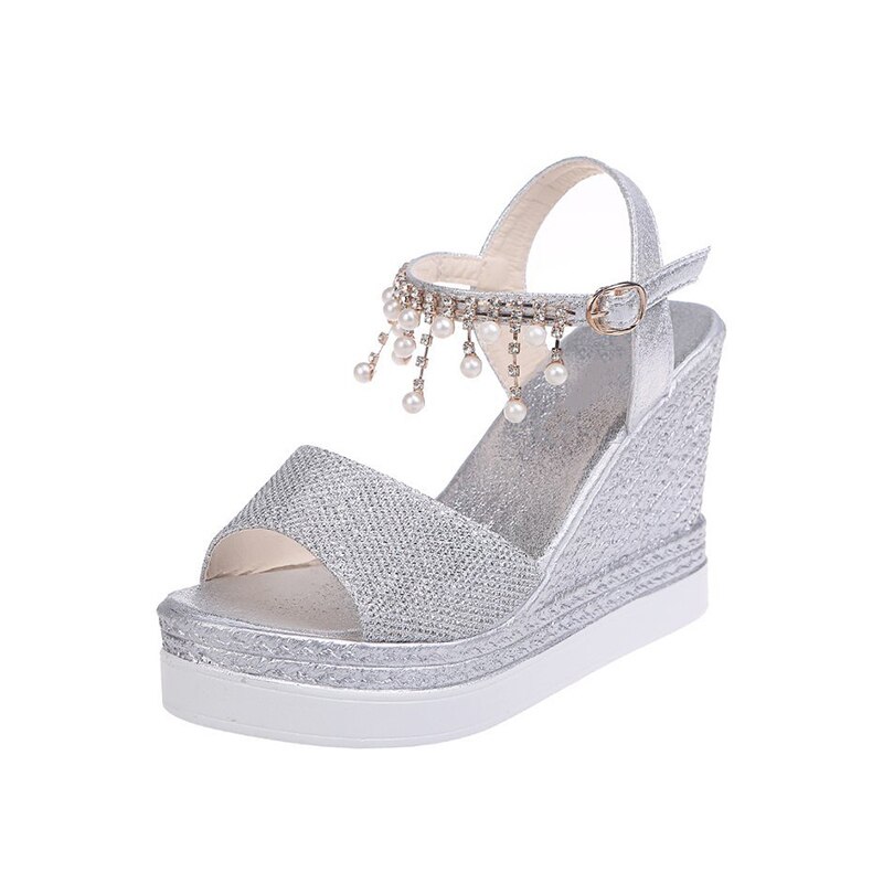 Kvinder kile sandaler sommer perle besat detalje platform sandaler spænde rem peep toe tyk bund fritidssko damer: Flis / 35