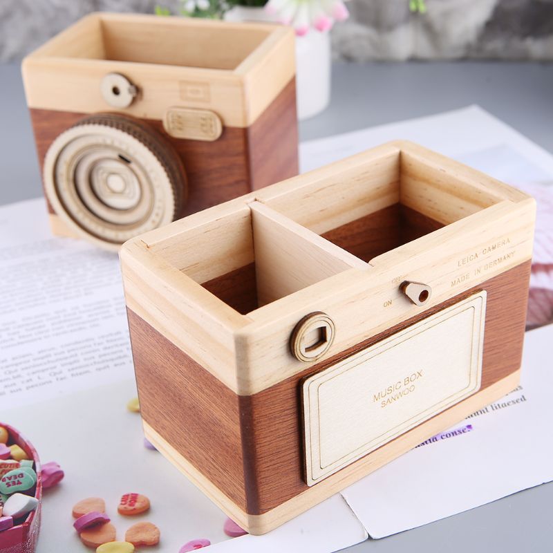 Camera Shaped Wooden Pen Pencil Case Holder Stand Desktop Sundries Storage Wood Box