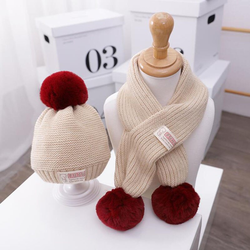 Doitbest 1 to 4 år gamla baby barn mössa hår boll enfärgad 2 st pojkar flickor vinter stickad hatt halsduk set: Beige