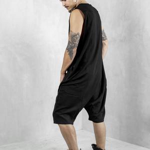 Summer Men Jumpsuit Sleeveless Loose Black Pants Romper Solid Color Round Neck Low Crotch Jumpsuit Oversized Rave Outfit