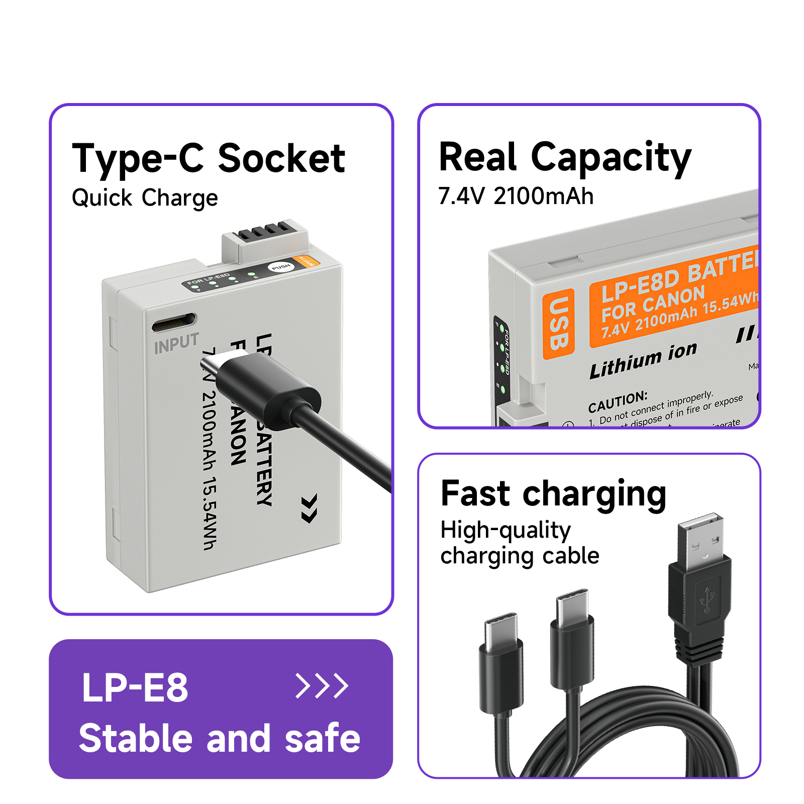 Batería LP - e8 lpe8, con entrada tipo C + cargador doble LCD de caja de almacenamiento, para la Cámara Canon EOS 550D 600D 650d 700d x7i x6i X5 X4 T2i t3i t4i t5i