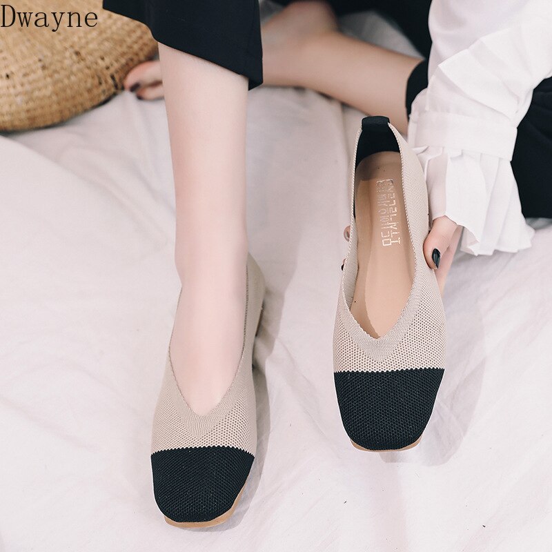 Ms. Grandma's shoes square head shallow mouth one foot peas shoes knit flat single shoes wild