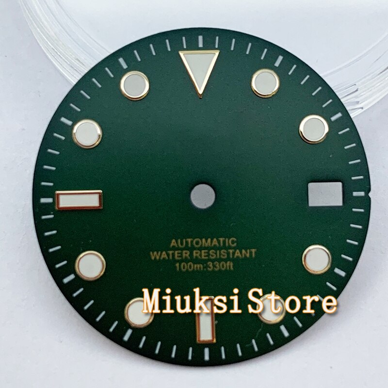 29Mm NH35 Wijzerplaat Steriele Zwart Groen Blauw Roze Horloge Wijzerplaat Met Datum Venster Voor NH35 NH35A Automatische Beweging accessoire Onderdelen: Green-Gold edge