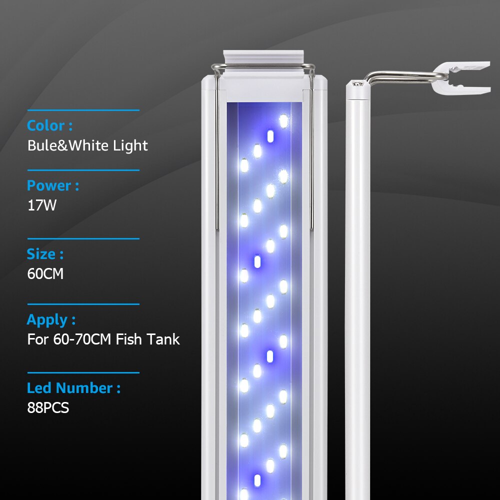 Svanur led akvarielys hvid og blå 20/40/60 cm udtrækbar clip on lampe akvarielys til ferskvandsplanter, der vokser: 60cm hvide og blå