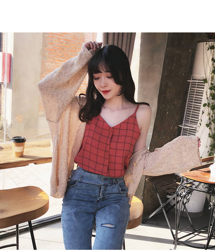 Women Plaid Sling Shirt Female Short Sleeve Elastic Blouse Summer Lady Small Tops: XL / Red