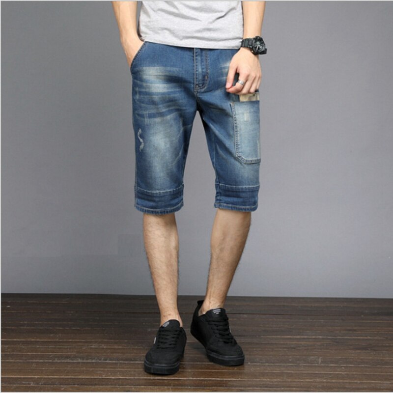 Summer men's large size denim shorts stitching male large size knee length straight denim shorts 130kg
