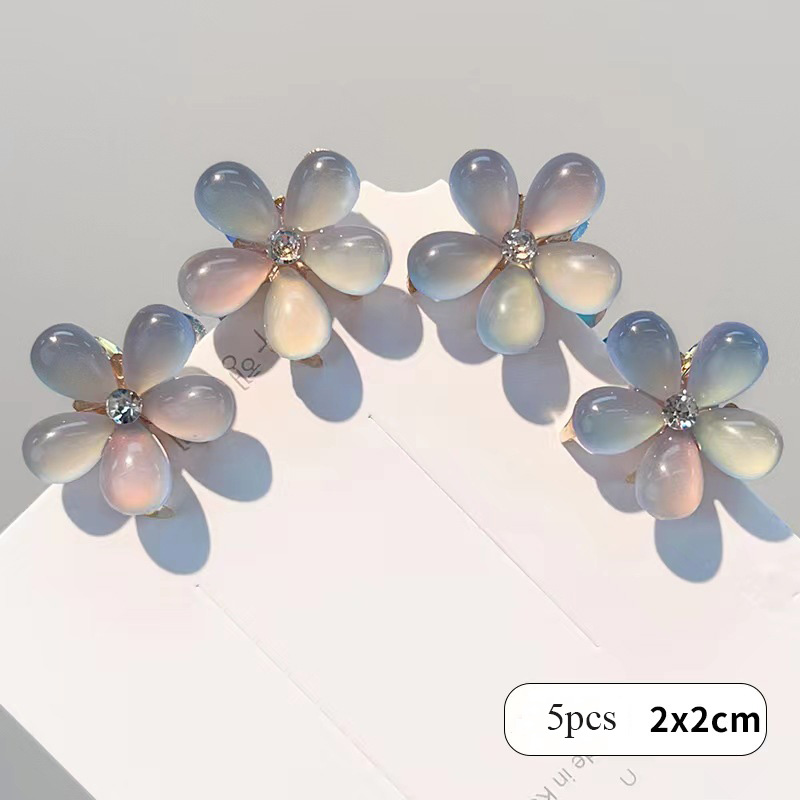 5pcs Double Side Crystal Flower Hair Claw Rhinestones Alloy Hair Clamp for Girls Sweet Summer Side Clip Hair Styling Accessories: Blue