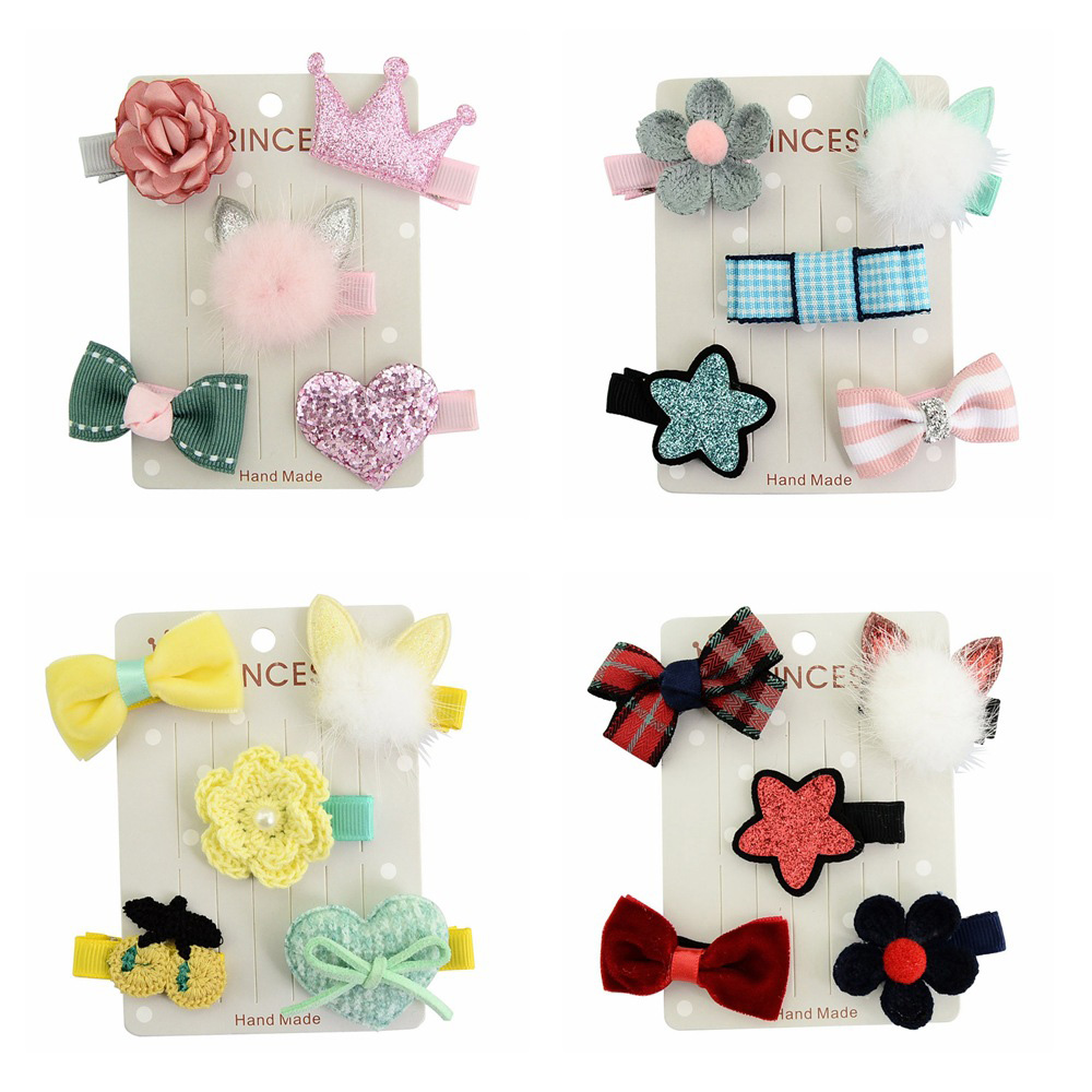 5Pcs/Set 5 Colors Children Baby Girl Toddler Rabbit ears Shape Hair Clip Bow Flower Mini Barrettes Party Star Kids Hairpins