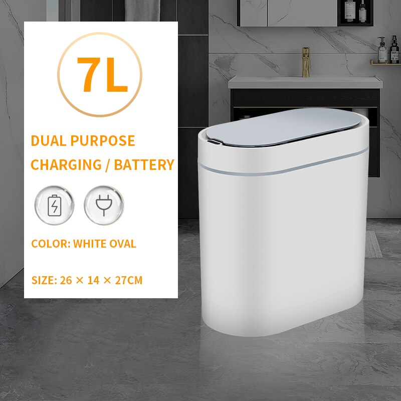 Smart Sensor Trash Bin Household Induction Trash Can Bathroom Waterproof Waste Garbage Bin Toilet Narrow Seam Sensor Rubbish Bin: Charging White 7L