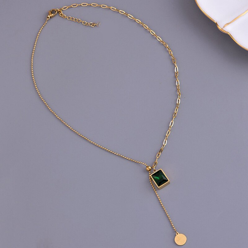 Meyrroyu stainless steel green rhinestone pendant necklace for women geometric chain trend new party jewelry