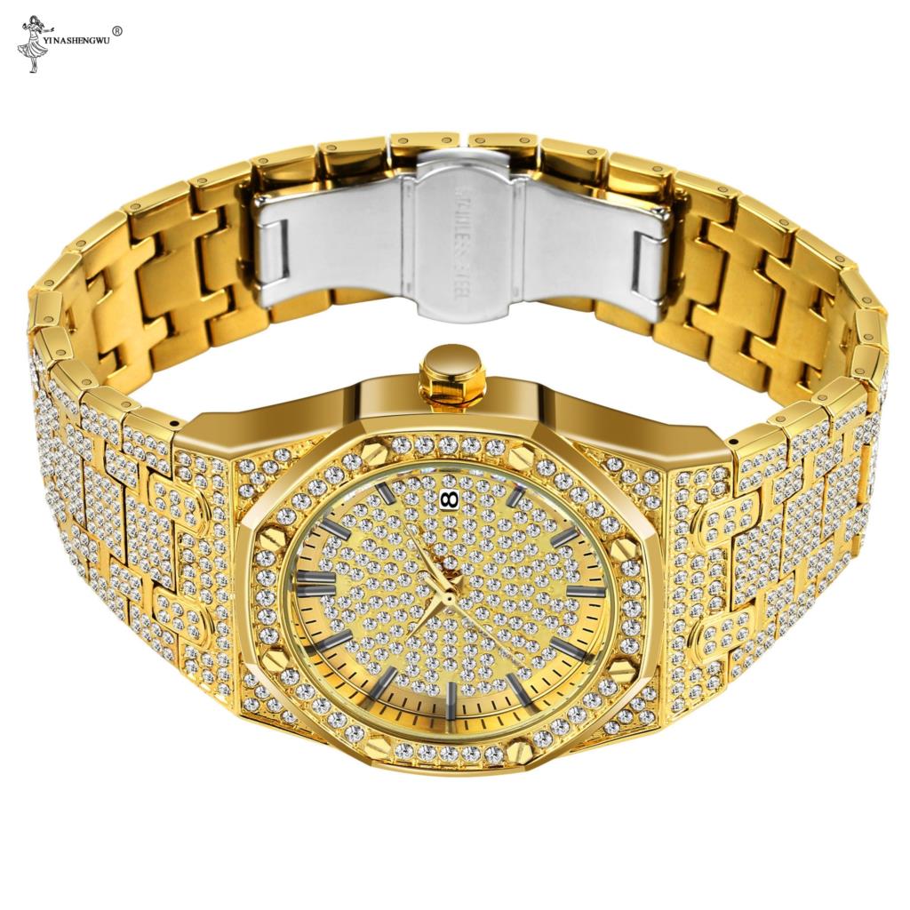 18K Gold Iced Out Lab Steentjes Luxe Rvs Analoge Quartz Waterdicht Minnaar Horloge Set Relogio masculino