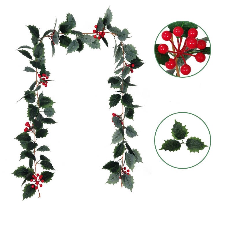 Enredadera de hoja de acebo Artificial de 1,7 m, guirnalda de flores de bayas de ratán de Navidad, adorno colgante para el hogar, decoración de navideña: A02