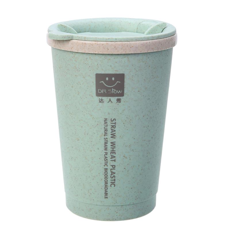 Copo de água de café de palha de trigo portátil com palhas multi-funcional dupla tampa cola café copo de plástico beber caneca de viagem: green