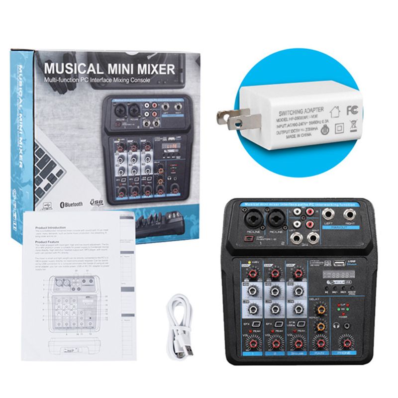 4Channel Digital Mixer Console with Bluetooth USB 48V Phantom Power for DJ