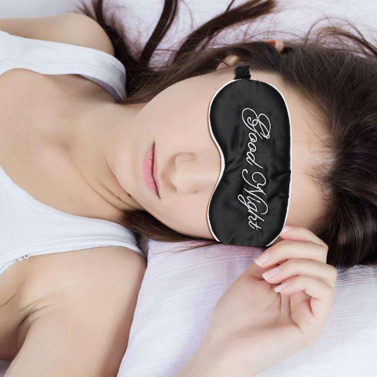 Silke søvn øjenmaske broderi øjenskygge stort øjenbind til mænd kvinder og børn (sort og hvid indsat linje)