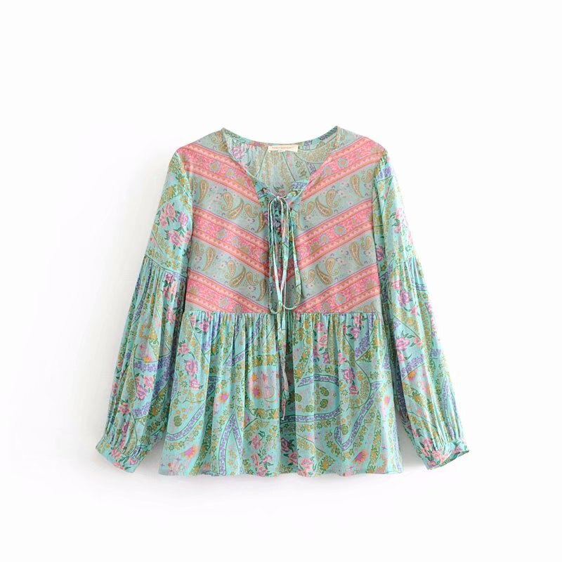 Vintage floral estampado Mujer Bohemia blusa cuello pico manga larga tops camisas sueltas boho camisas Feminino de gran tamaño: M