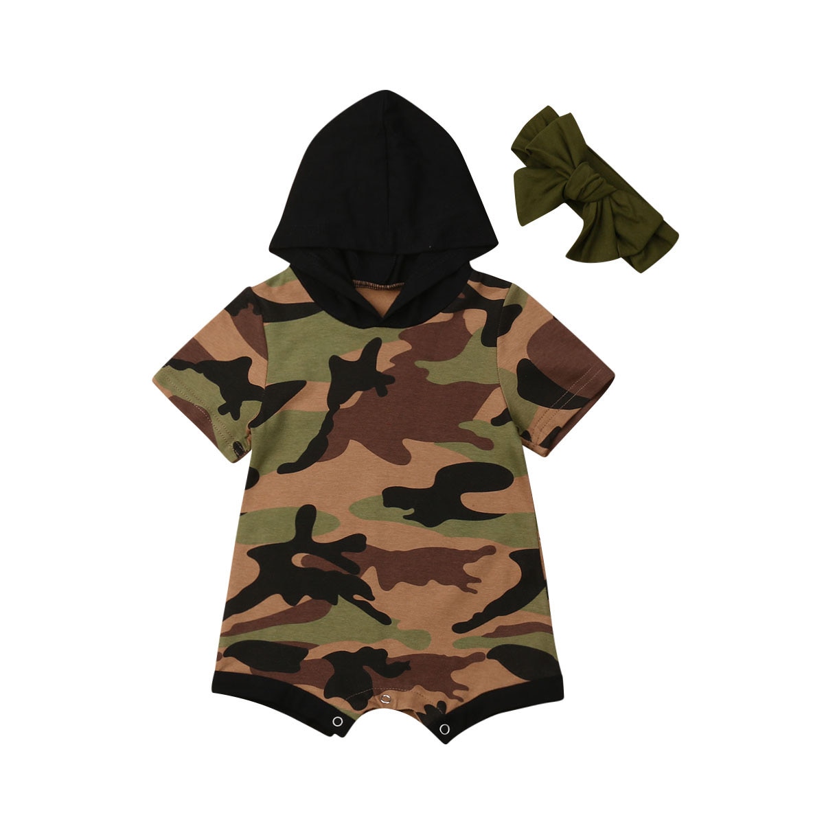 Kids Baby Girl Clothes Camouflage Hooded Short Sleeve Romper Jumpsuit Overall Outfit Set