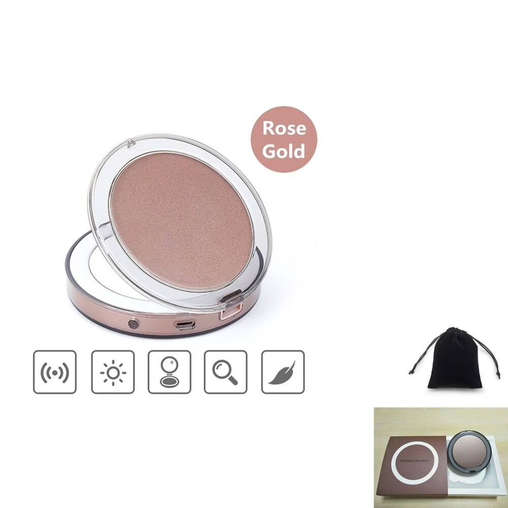 Espejo de maquillaje plegable con luz led 5 veces aumento espejo cosmético anillo de belleza espejo de luz foto Luz de relleno espejos pequeños: Gold with box