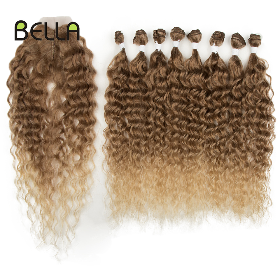 Bella-extensiones de cabello rizado sintético para mujer, mechones de pelo ondulado con cierre, color marrón degradado de 20 pulgadas, 9 unids/paquete: T12-22A