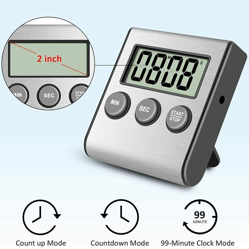 2 Pack Stainless Steel Digital Kitchen Baking Timer Countdown Timer & Minute Timer Ultra-Large Alarm Sound