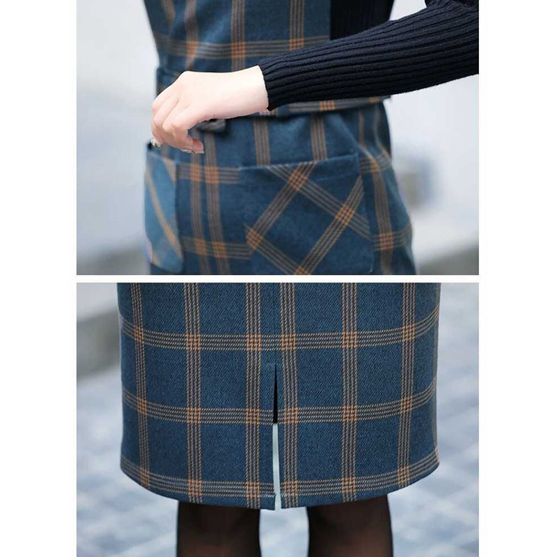 Frauen Frühling Herbst Weste Kleid V-ausschnitt Gurt Kleid Jahrgang Ärmel Tasche Plaid Kleid Weibliche Dünne Gürtel Kleider Vestidos Y547