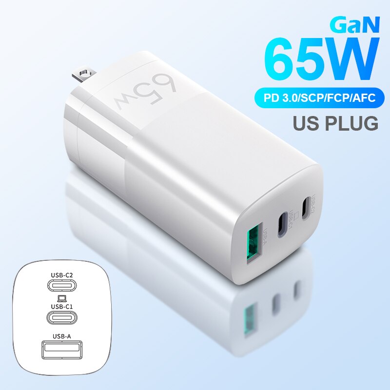 Nohon 65W GaN PD USB C Charger for iPhone Charger Fast Quick Charge Portable Cargador for MacBook Tablet: US Plug White