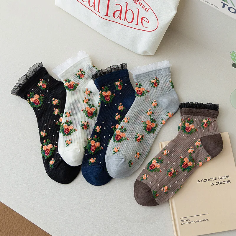 Calcetines con volantes de encaje Lolita, calcetines cortos Vintage Harajuku con bordado Floral, calcetines de seda de cristal transparentes ultrafinos de verano para mujer