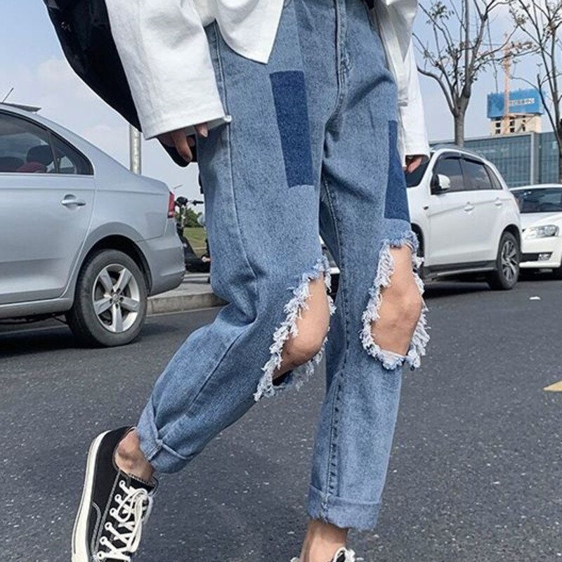 Sommar slitna raka jeans herr retro casual hole jeans herr streetwear wild lös hip hop jeansbyxor herr m -2xl
