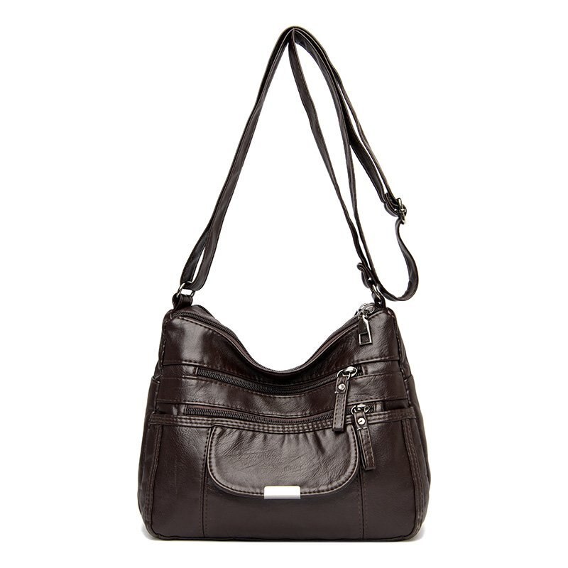 Retro women's bag double zipper shoulder bag soft leather handbag simple messenger bag trend multi-pocket bag: coffee