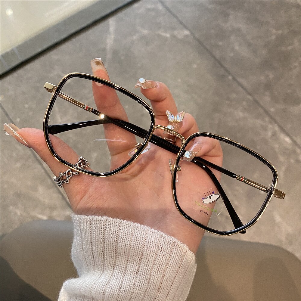 women square polygon glasses for girl female metal frame glasses plain glasses Nearsighted Eyewear Glasses -1.0 -2.5 -2: black / +200