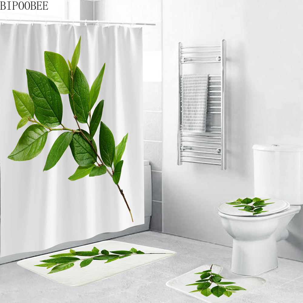 Groene Bladeren Afdrukken Douchegordijn Tropische Planten Natuurlijke Badkamer Gordijnen Anti-Slip Badmat Set Wc Tapijten Tapijt: A 4PCS