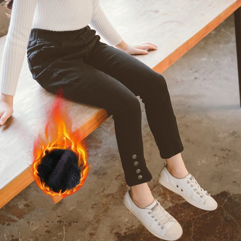Vinter barn jenter varme skinny jeans bukser barn tykke fløyelsknapper bukser tenåringer jenter stretch denim blyant leggings  q137