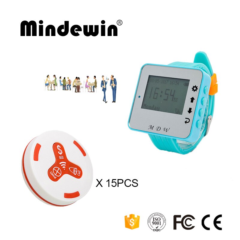 Mindewin 433MHz Draadloos Oproepsysteem 15PCS Tafel Belknop M-K-3 + 1 STUKS Horloge Pager M-W-1 Reataurant Draadloze pager Systeem: White red