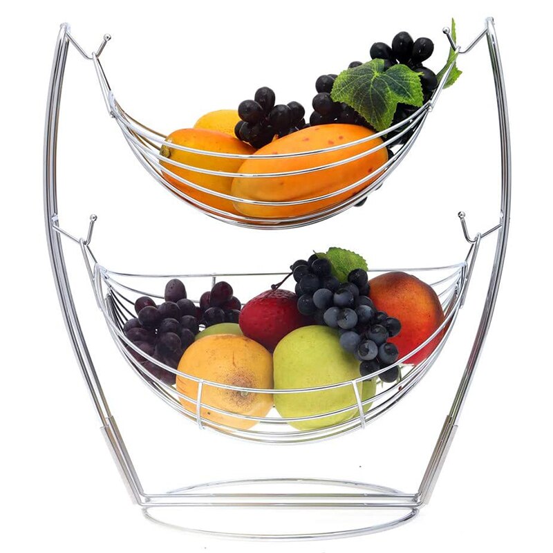 2 Tier Fruit Basket,Double Fruit Tray, Removable Bread Stand Fruit Storage Basket Produce Metal
