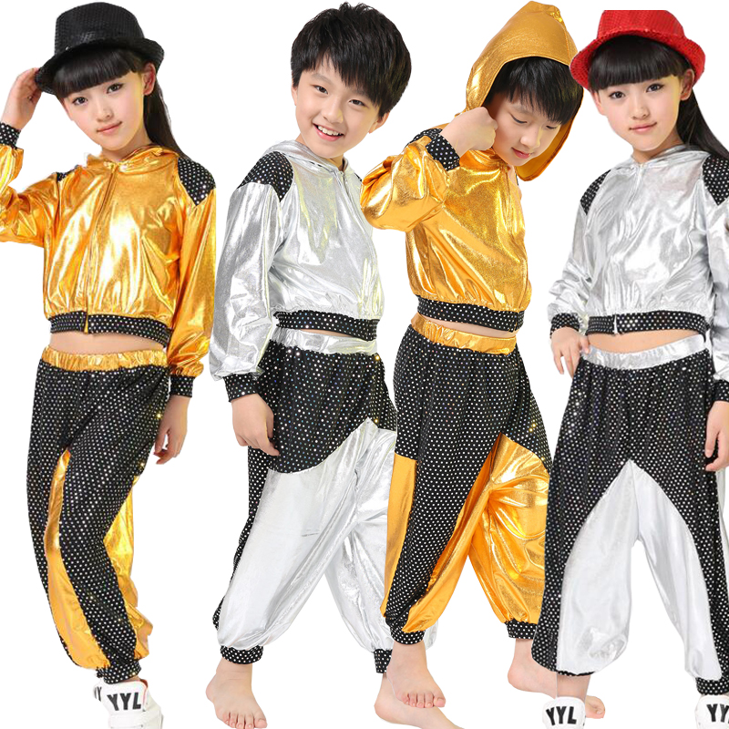 Mädchen Jungen Gold Silber Ballsaal Jazz Hüfte hüpfen tanzen Wettbewerb Kostüm Art Kleidung Kleidung Hoodie Shirt oben Hosen Tanzen Tragen