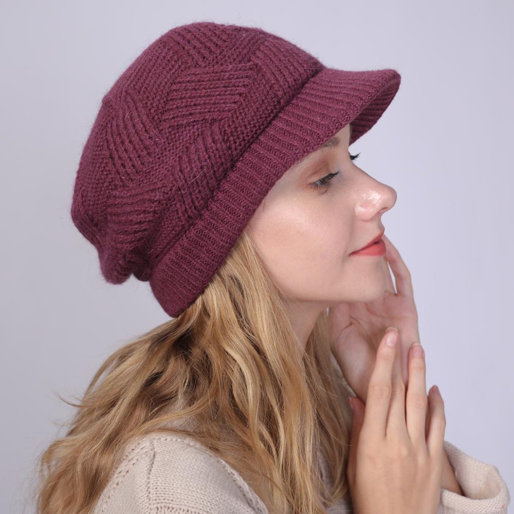 Chapeaux en laine tricotée Skullies, 1 pièce, bonnets de cyclisme en plein air en poils de lapin pour femmes, visières chaudes en polaire, couleur unie: Rose Red