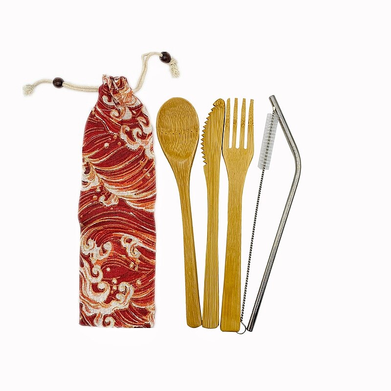 Vaisselle Portable biologique, vaisselle réutilisable, ensemble de vaisselle biodégradable, ustensiles de cuisine en bois de Camping, couverts de voyage en bambou: Rouge
