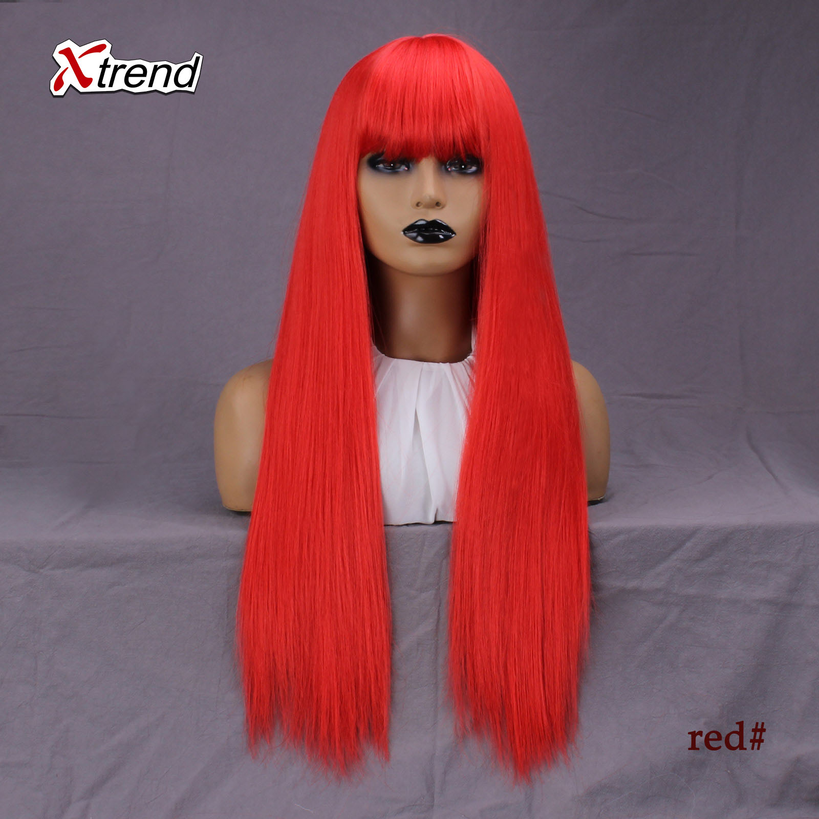 Xtrend Synthetic wig 26 Inch Straight Wig With Bangs Long Hair Wigs for Women Heat Resistant for Daily Halloween Cosplay Party: red