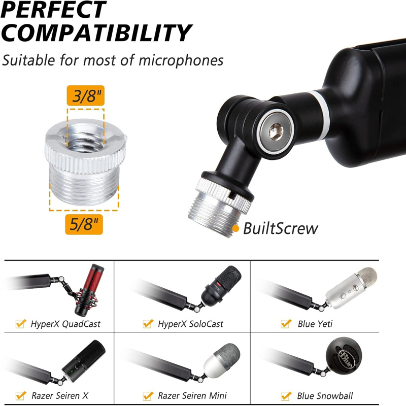 Microfoonarm, 360 ° Draaibare microfoonstandaard, microfoonhouder met 3/8"5/8" adapters, microfoonarm met accessoires, microfoonarm
