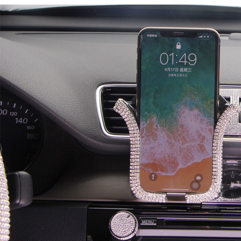 Soporte Universal para teléfono móvil de coche, con cristal de Bing, diamantes de imitación, Clip de montaje para rejilla de ventilación de coche, para iPhone, Samsung, soporte para coche: white