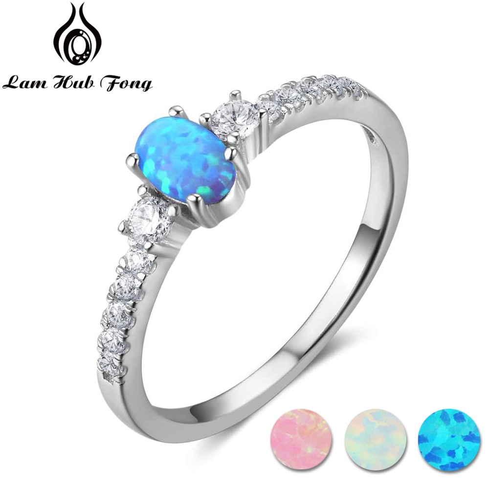 Véritable pur 925 argent Sterling ovale bleu opale bague avec zircon cubique femmes bagues de mariage bijoux de fête (Lam Hub Fong)