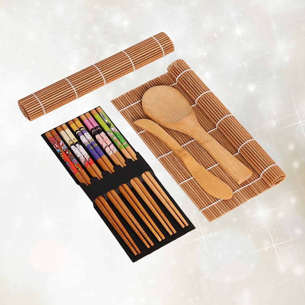 Kit de préparation de Sushi en bambou, avec 2 tapis à rouler, 5 paires de baguettes, épandeur de riz pour palette de riz, 15 pièces: Default Title