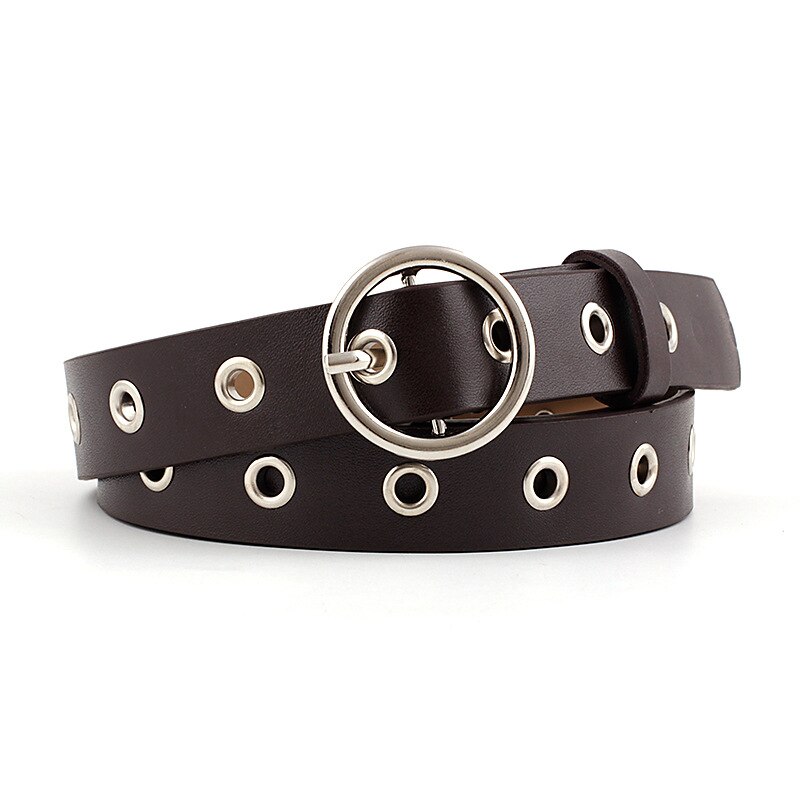Women's Black White Red Pink Eyelet Grommet Belt Female Silver Circle Belts for Women Jeans Fajas Para Mujer: Coffee
